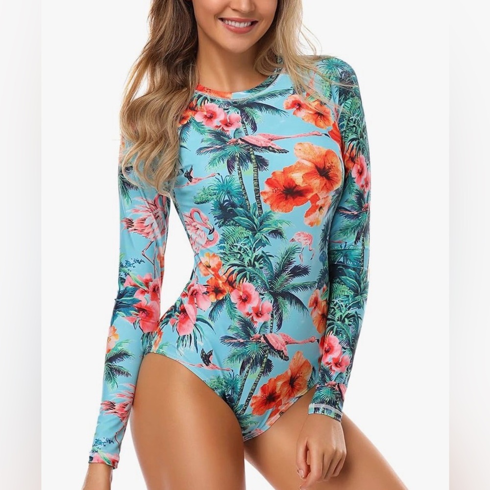 AXESEA Women's Floral Long Sleeve Zipper Surfing Swimsuit LARGE